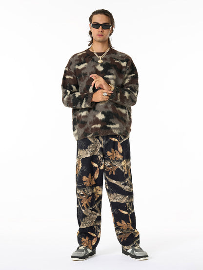 Vintage Washed Distressed Leaf Camouflage Jeans 