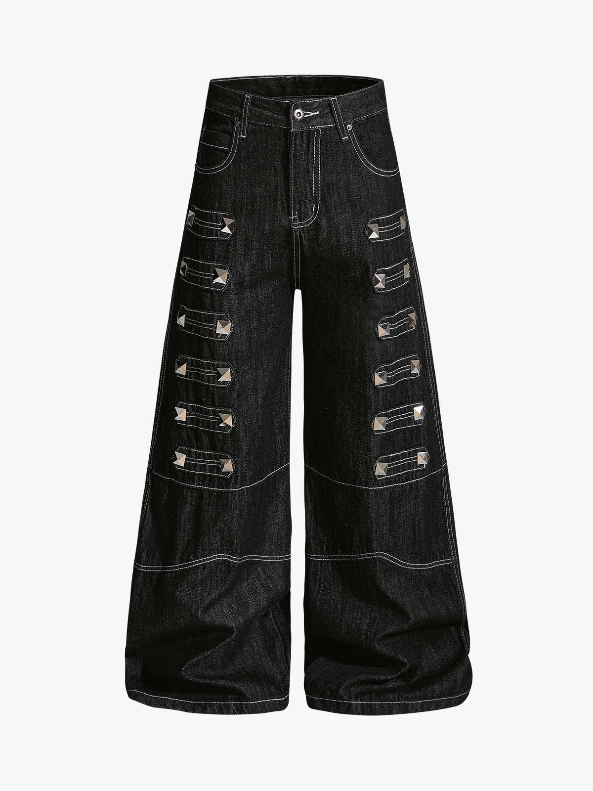 Square Studded Panelled Baggy Jeans 