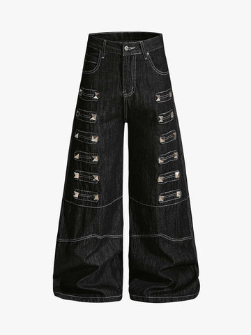Square Studded Panelled Baggy Jeans 
