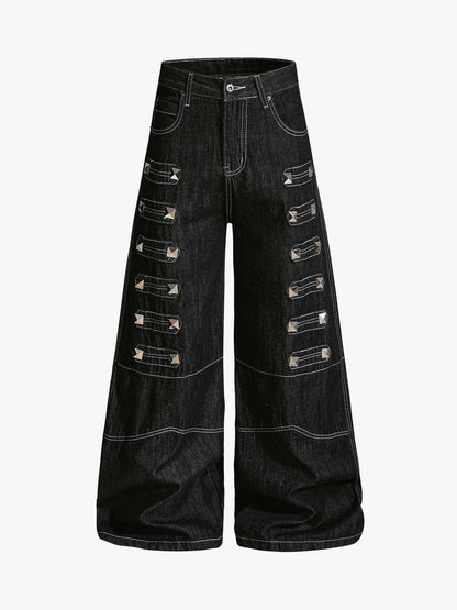 Square Studded Panelled Baggy Jeans 