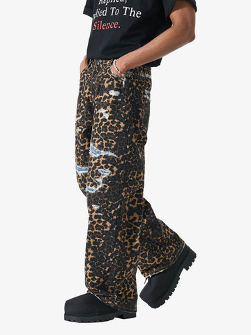 Bold Leopard Print Distressed Wide-Leg Jeans 