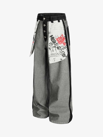 Distressed Reverse Design Large Pocket Printed Jeans - 2568 