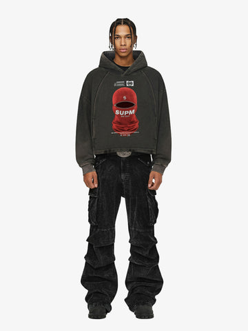 Retro Bandit Hat Graphic Distressed Cropped Hoodie 