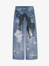 Retro Dachshund 3D Print Washed Distressed Jeans 