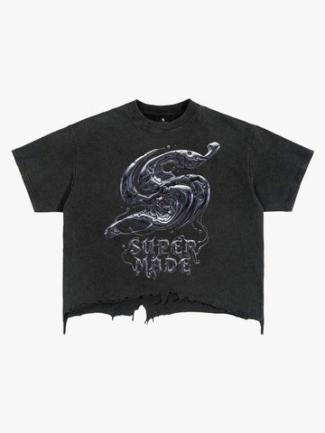 Gothic Liquid Metal Ripped Washed T-Shirt 