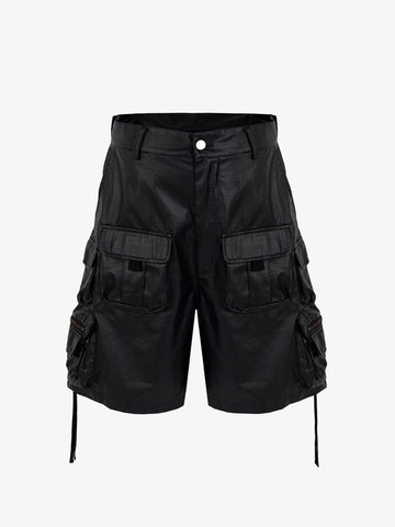 Drawstring Faux Leather Cargo Shorts
