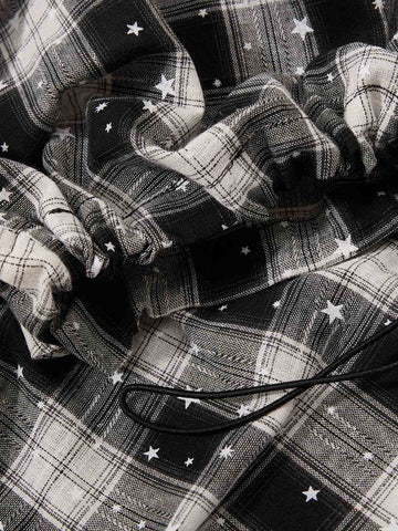 Star Print Plaid Shirt with Tulle Trim – Relaxed Fit Layered Streetwear