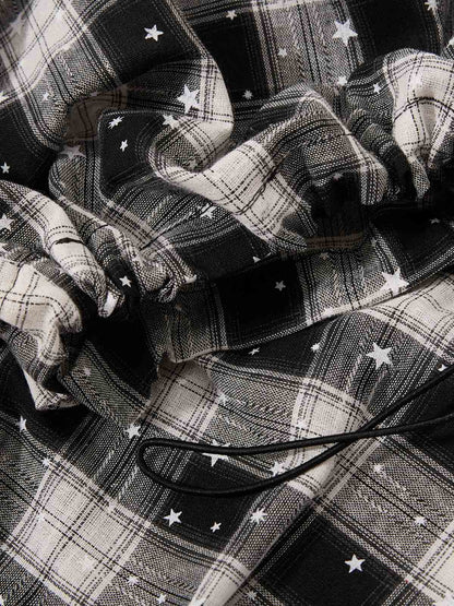 Star Print Plaid Shirt with Tulle Trim – Relaxed Fit Layered Streetwear