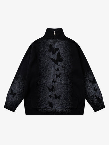 Street Dark Phantom Butterfly Stand-Collar Knit Cardigan Sweater 