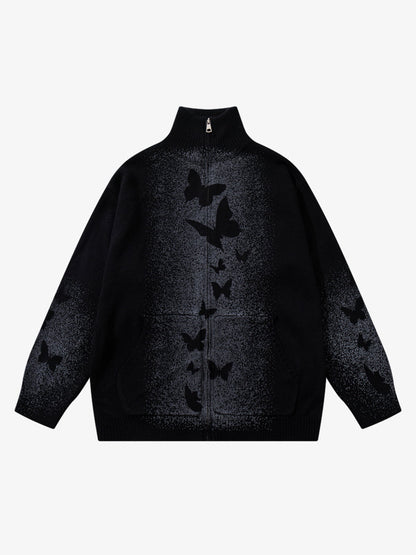 Street Dark Phantom Butterfly Stand-Collar Knit Cardigan Sweater 