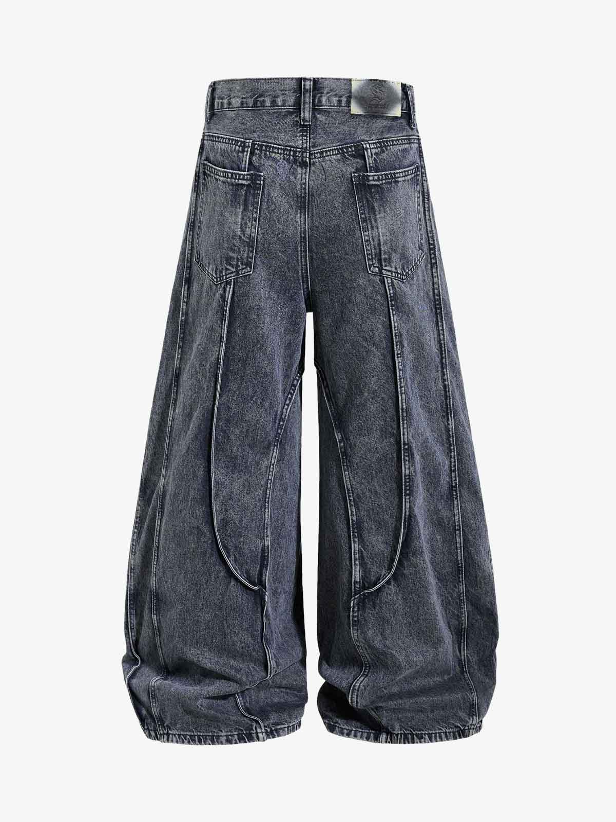 Washed Geometric Panel Barrel Jeans 