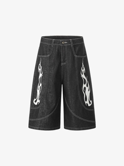 Contrast Stitching Flame Denim Shorts 