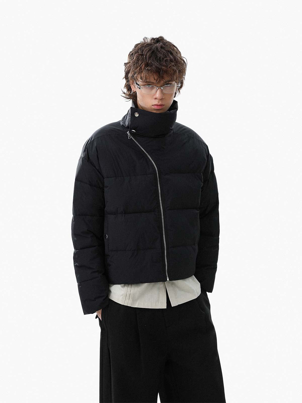 Vintage Asymmetric Zip High-Neck Puffer Jacket 
