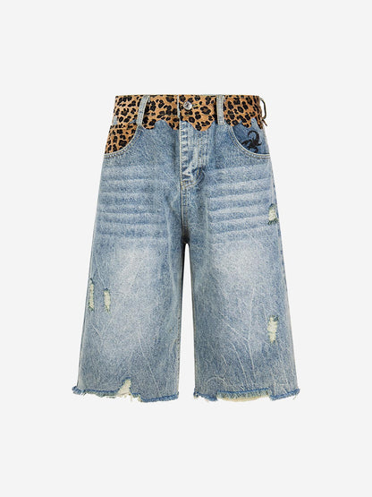Vintage-Shorts aus Denim mit Leopardenmuster und Used-Look