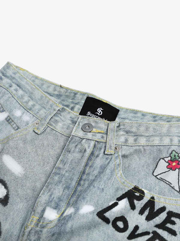 Denim Painted Animal Print Wide Leg Jeans with Cartoon Cat Dog Design 