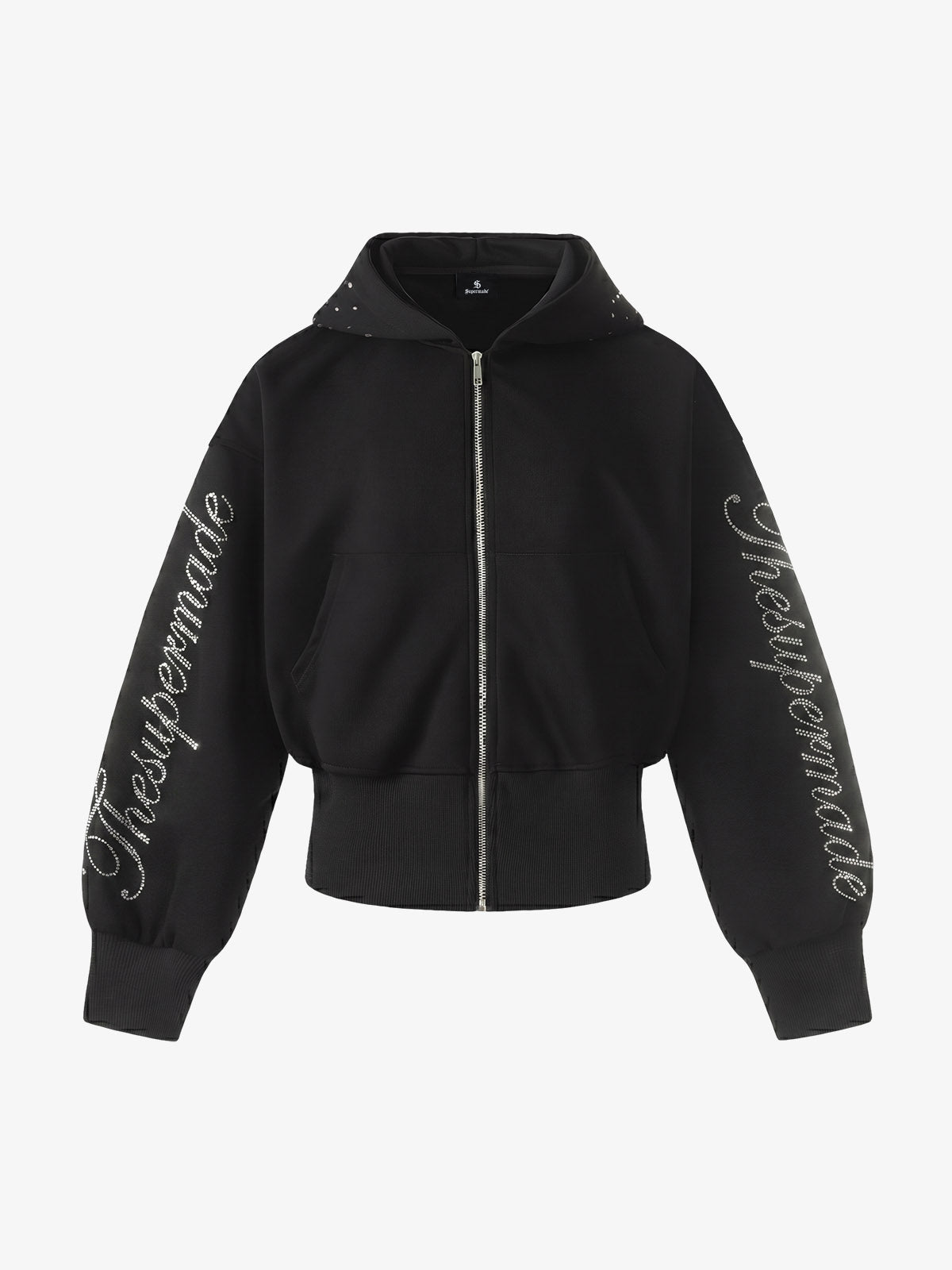 Rhinestone Sleeve Faux Fur Jacket – Black Oversized Cropped Hooded Streetwear