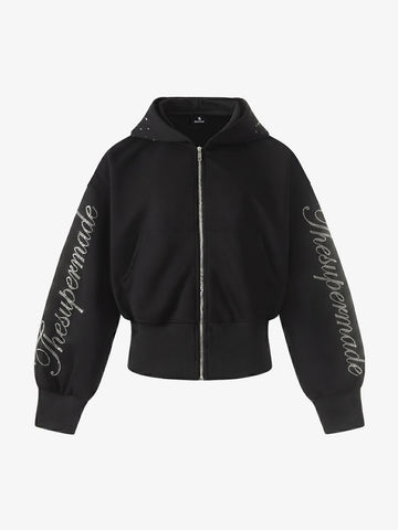 Rhinestone Sleeve Faux Fur Jacket – Black Oversized Cropped Hooded Streetwear
