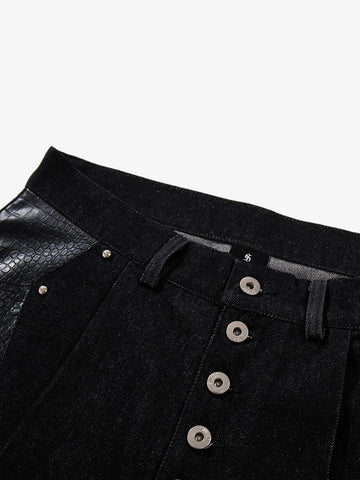 Black Denim Jacket with Croc-Embossed Trim – Metal Snap Button Streetwear Jacket