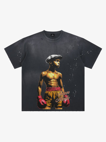 Black Oversized Graphic T-Shirt – 100% Cotton Distressed Boxing Print Streetwear Tee