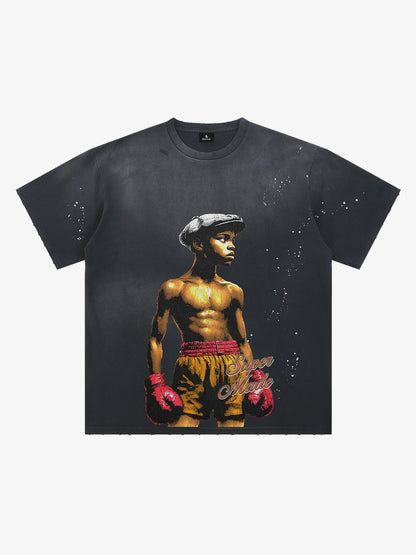 Black Oversized Graphic T-Shirt – 100% Cotton Distressed Boxing Print Streetwear Tee