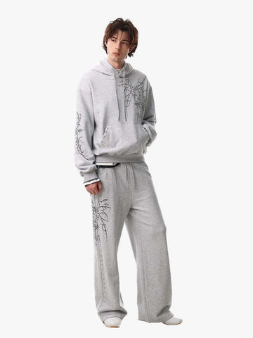 Floral Line Art Studded Pocket Hoodie 