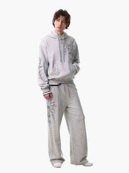 Floral Line Art Studded Pocket Hoodie 