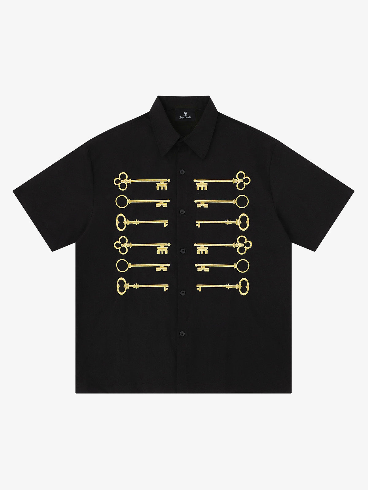 Black Cotton Button-Up Shirt with Gold Embroidered Key Motif – Classic Fit Top