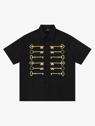 Black Cotton Button-Up Shirt with Gold Embroidered Key Motif – Classic Fit Top
