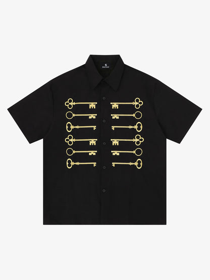 Black Cotton Button-Up Shirt with Gold Embroidered Key Motif – Classic Fit Top