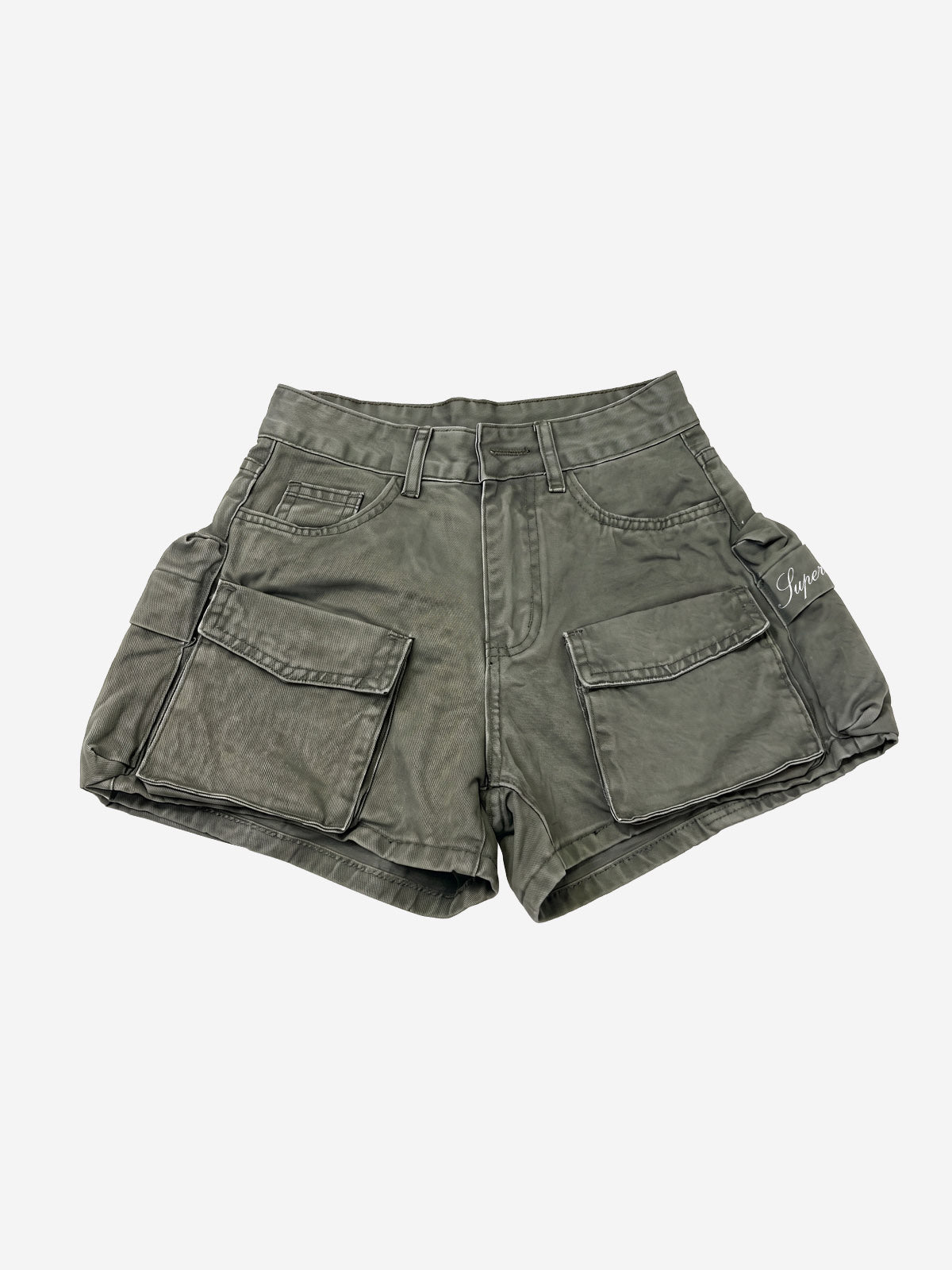Embroidered Detail Olive Cargo Shorts