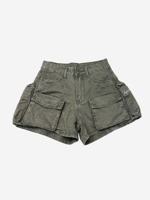 Embroidered Detail Olive Cargo Shorts