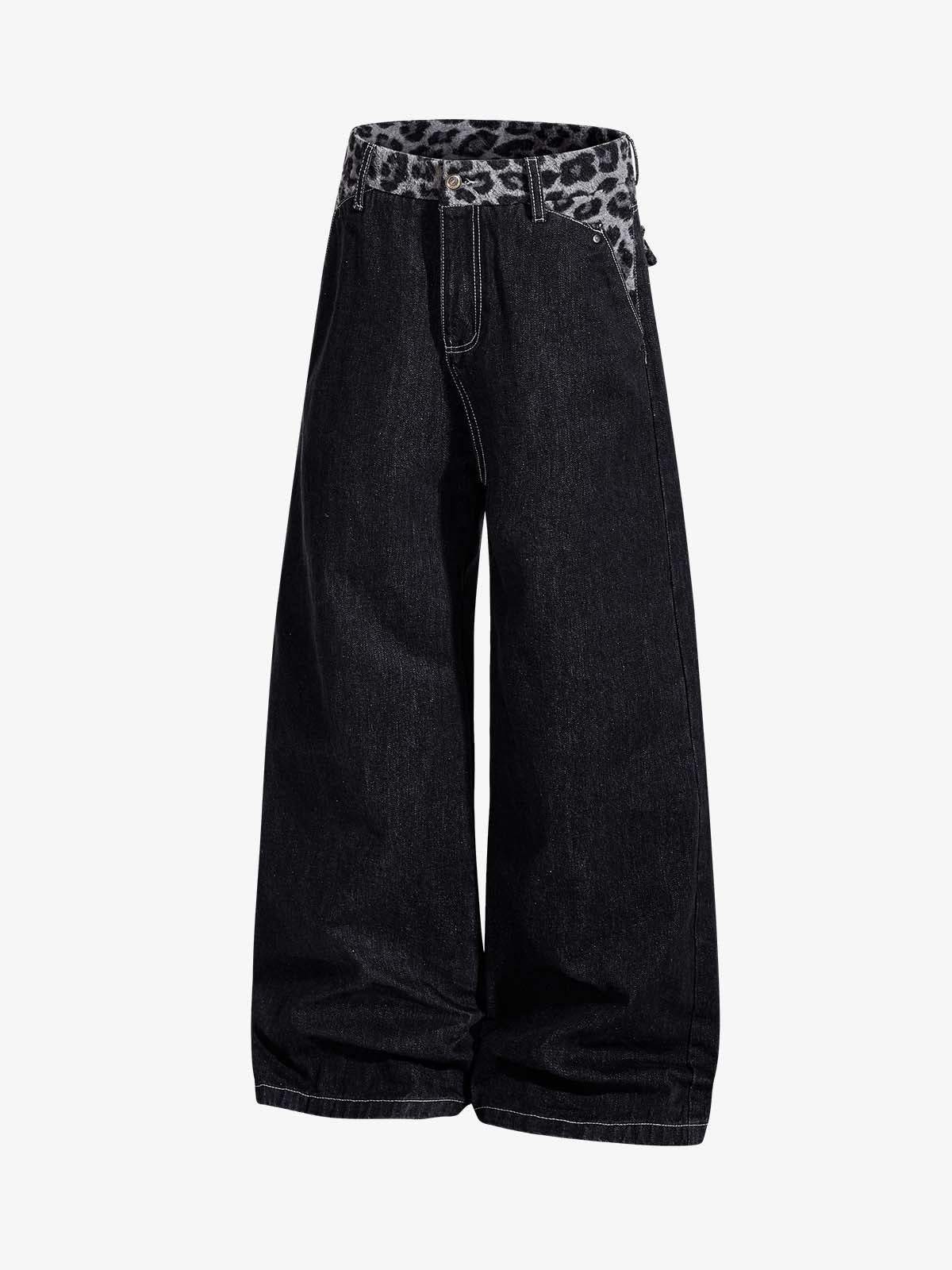 Vintage Leopard Print Waistband Patch Baggy Jeans - 2635 