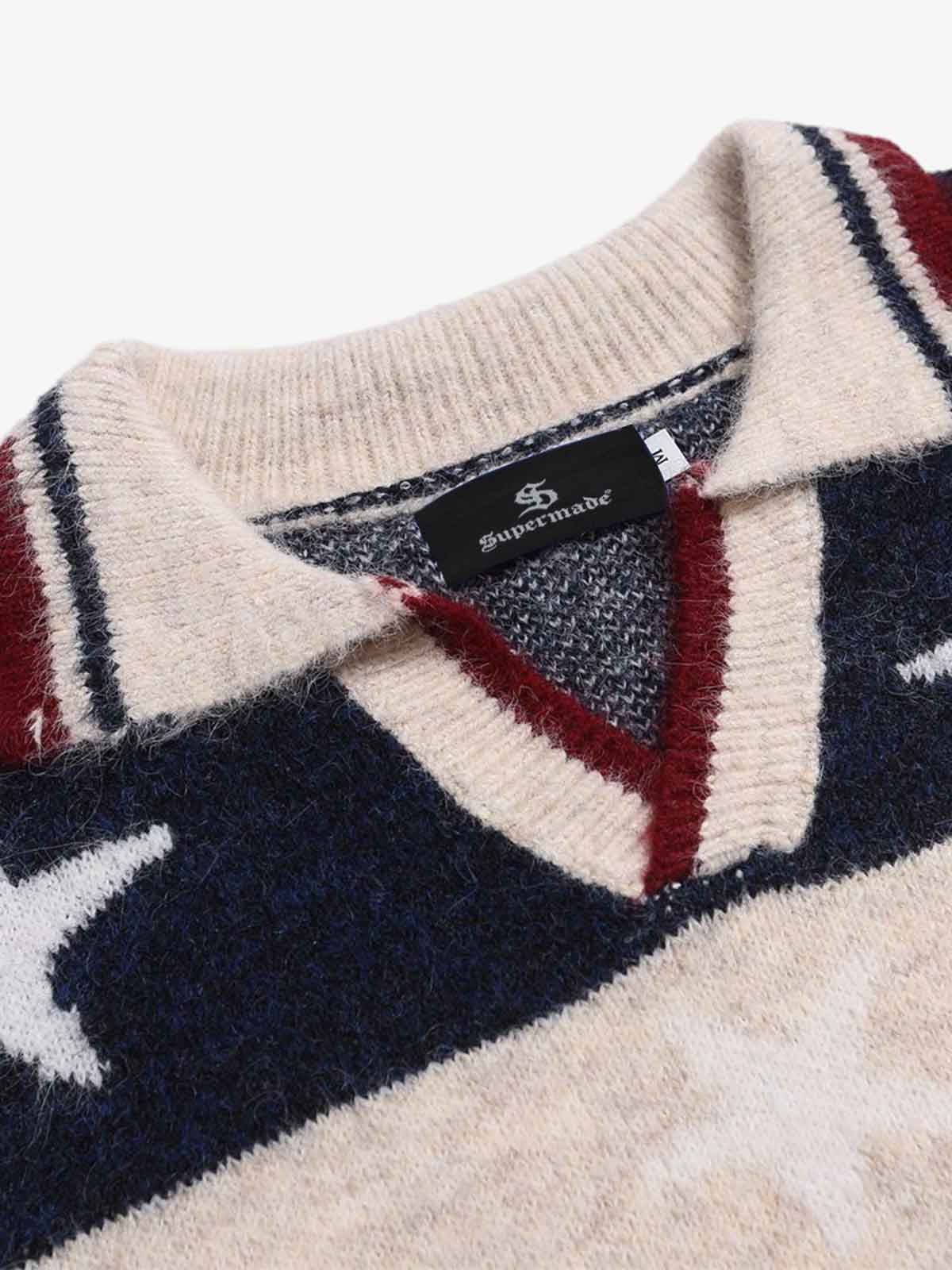 Retro Star Patchwork Striped V-Neck Polo Sweater 