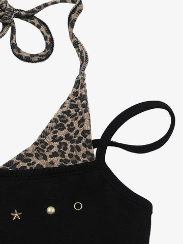 Leopardenmuster-Haltertop – Stretch-Baumwolle mit goldenen Ziernieten