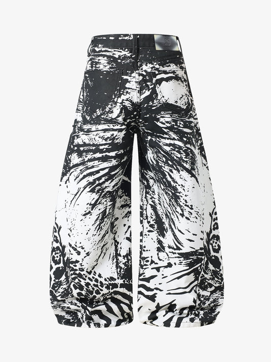 Weit geschnittene Hose mit abstraktem Print – Hochgeschnittene Hose aus Baumwollmischgewebe