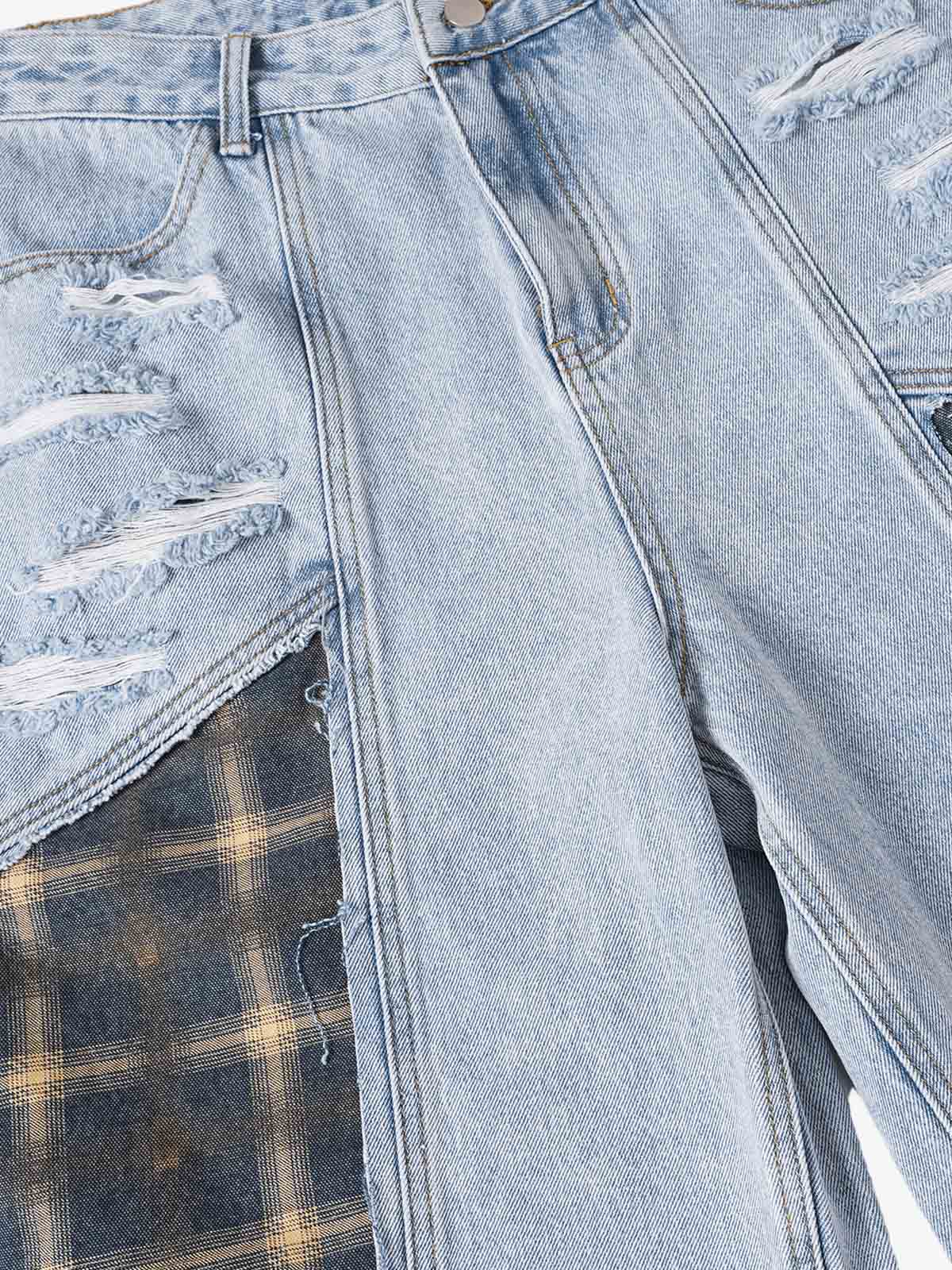 Retro Washed Plaid-Paneled Distressed Denim Set 