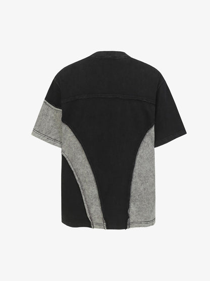 Washed Asymmetric Raw Edge Panel Knit T-Shirt 