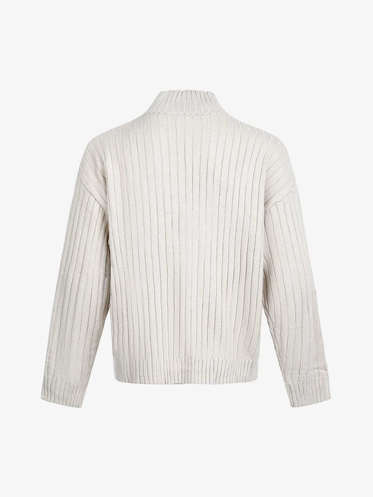 Retro Abstract Print Ribbed Stand Collar Zip-Up Sweater 