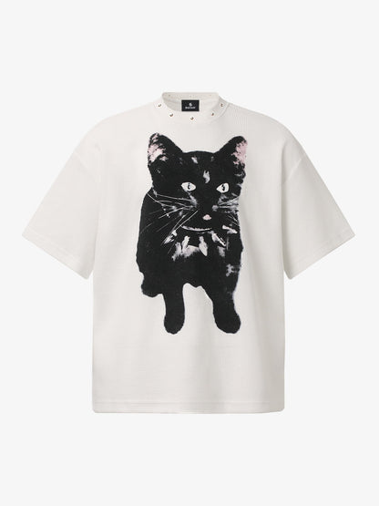 Vintage Black Cat Studded Collar T-Shirt 