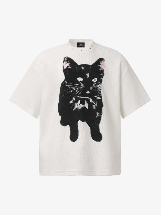 Vintage Black Cat Studded Collar T-Shirt 