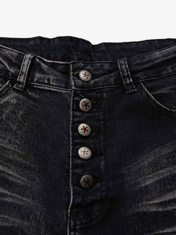 Vintage Distressed Button Fly Ruched Panel Flared Jeans 