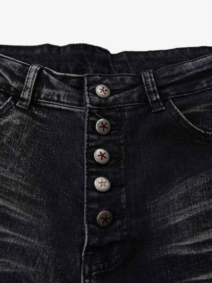 Vintage Distressed Button Fly Ruched Panel Flared Jeans 