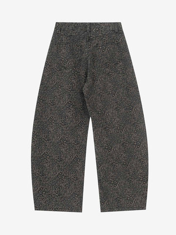 Leopard Pleated Wide Leg Denim Barrel Jeans 