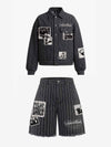 Vintage Pinstripe Patchwork Baggy Denim Set 