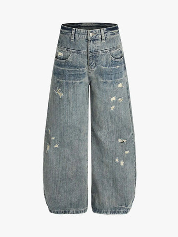 High Waist Distressed Barrel Denim Jeans 