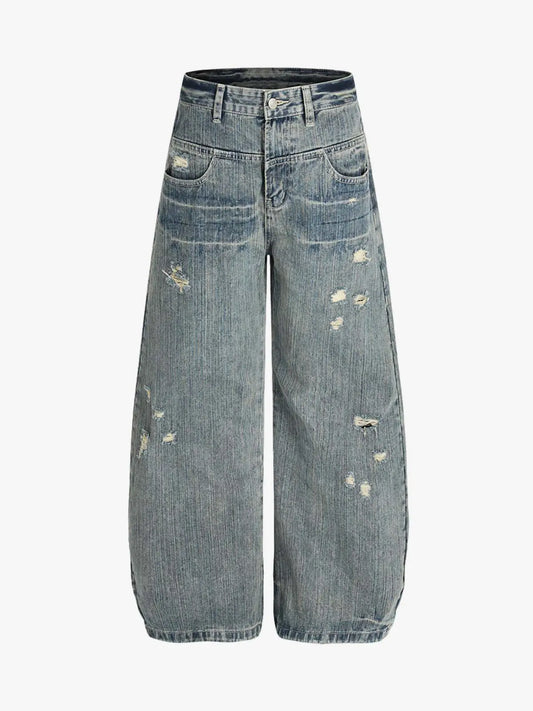 High Waist Distressed Barrel Denim Jeans 