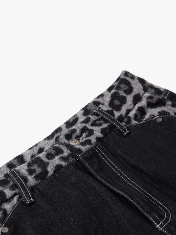 Vintage Leopard Print Waistband Patch Baggy Jeans - 2635 