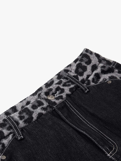 Vintage Leopard Print Waistband Patch Baggy Jeans - 2635 