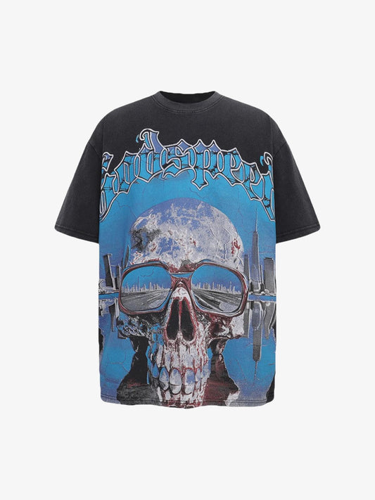 Jersey Knit Street Retro Skull Graffiti Print T-Shirt 