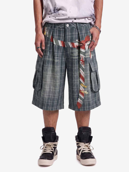 Karierte Cargo-Shorts mit weitem Bein